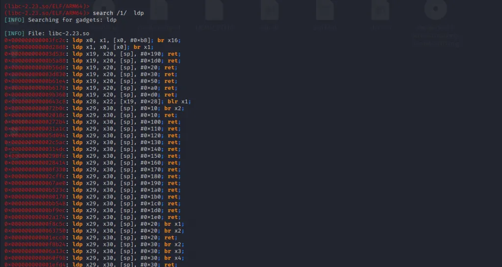 Ropper output showing ldp gadgets for various registers