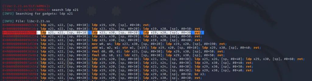 Ropper output showing ldp x21 x22 gadget for updating registers