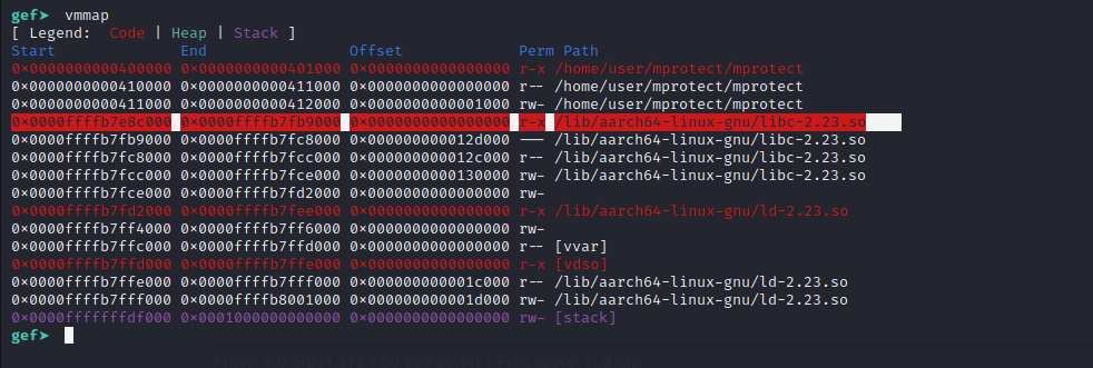 GDB vmmap showing libc base address for exploit script