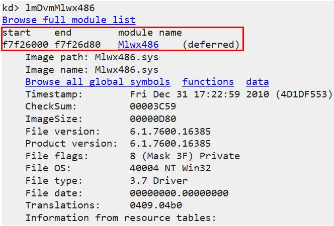 WinDbg lmDvmMlwx486 output showing memory start and end addresses for the hidden kernel driver