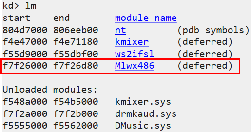 WinDbg lm command output listing all kernel modules including the hidden Mlwx486 driver