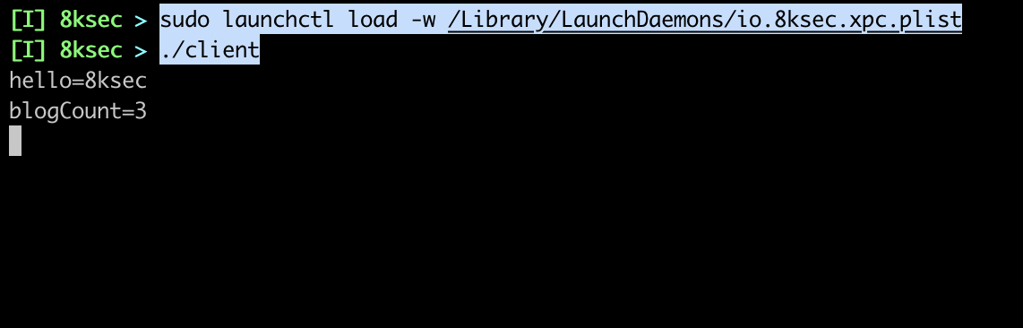 Terminal output showing XPC server successfully loaded and client connecting with correct values