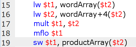 MIPS assembly code example showing load multiply and store operations using separate instructions