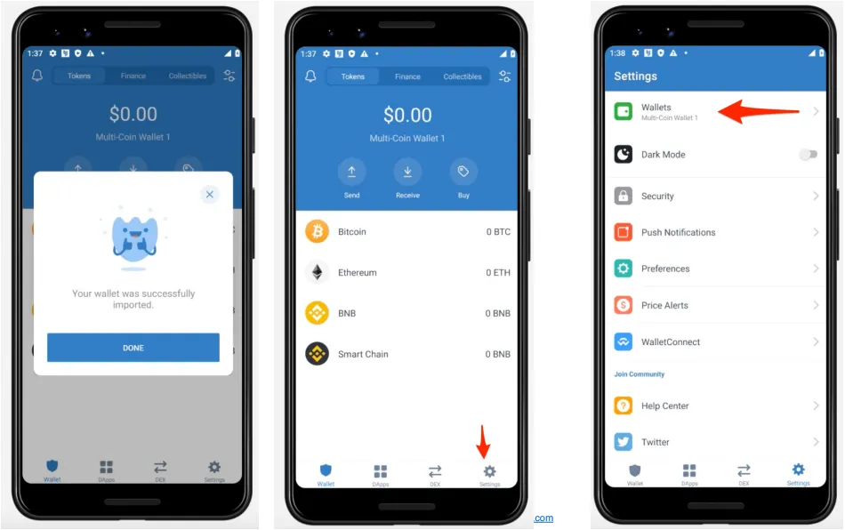 ADB command output showing current foreground activity in Trust Wallet application