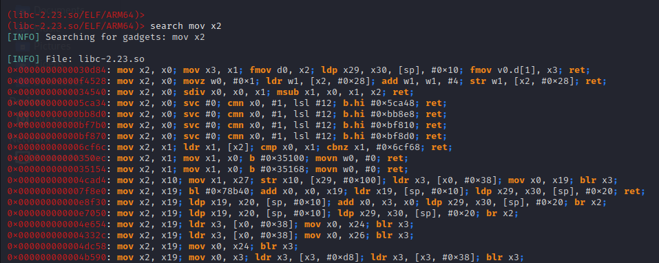 Ropper output showing mov gadgets for x0 x1 x2 registers