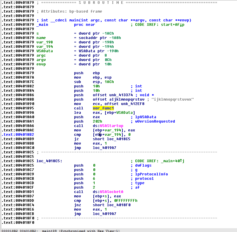 IDA Pro graph showing main function calling xor_func1 with 16-character AES key parameter
