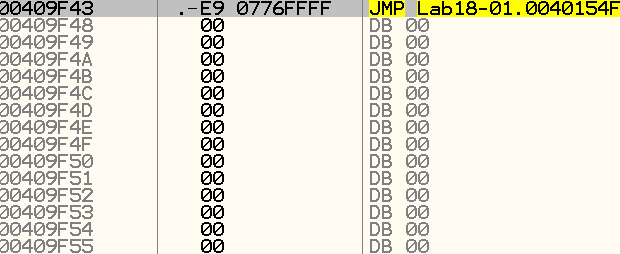 OllyDbg view of tail jump instruction followed by null bytes confirming section boundary