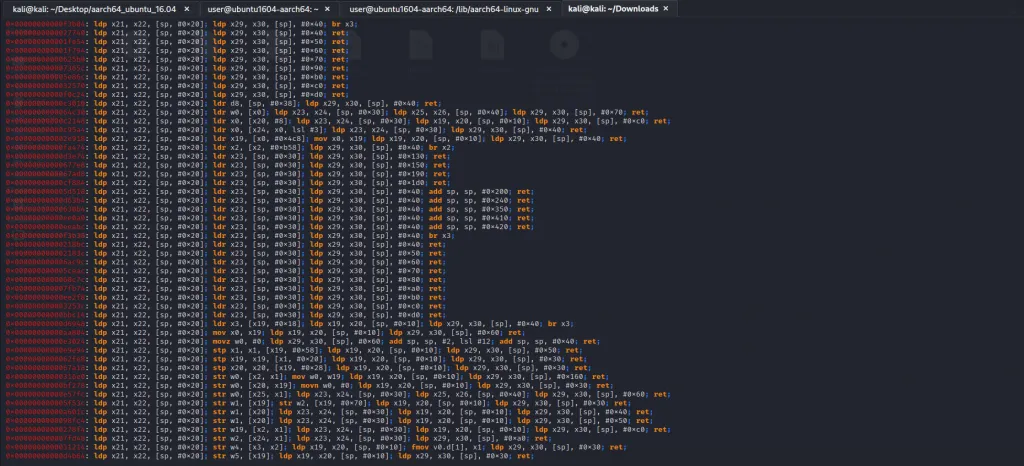 Ropper output showing gadgets that fill multiple registers