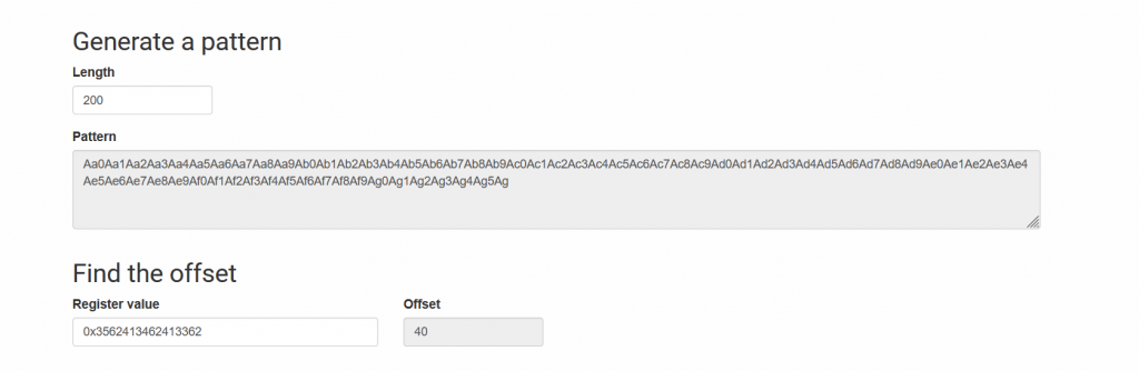 Buffer overflow pattern generator tool output
