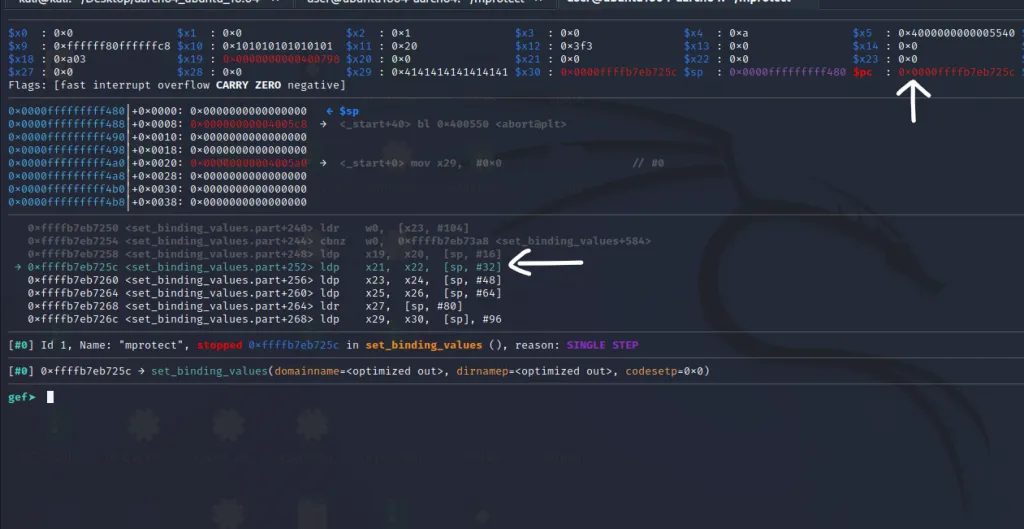 PC pointing to first instruction of the ROP gadget