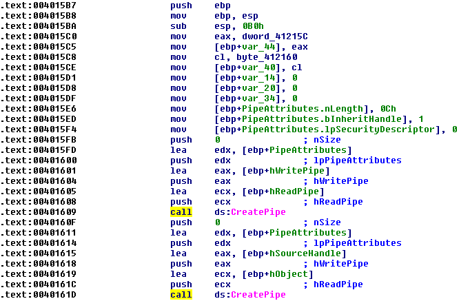 Assembly code showing pipe creation linking standard input output and error to socket