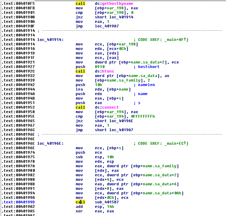 Assembly code showing DNS resolution and port 8910 conversion for network connection