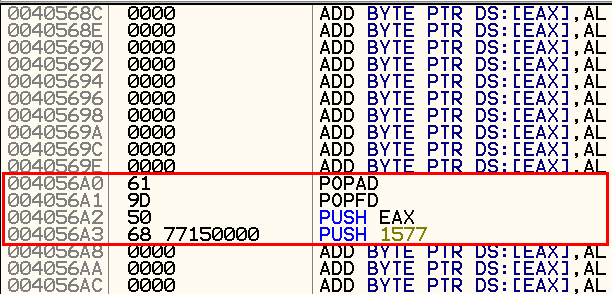 OllyDbg assembly showing unusual PUSHAD and POPAD sequence before unpacking stub begins