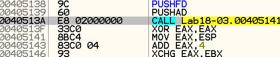 OllyDbg showing PUSHFD and PUSHAD instructions saving registers before unpacking stub execution