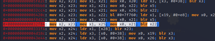 Gadget moving x23 to x2, x25 to x1, x21 to x0 with blr x22