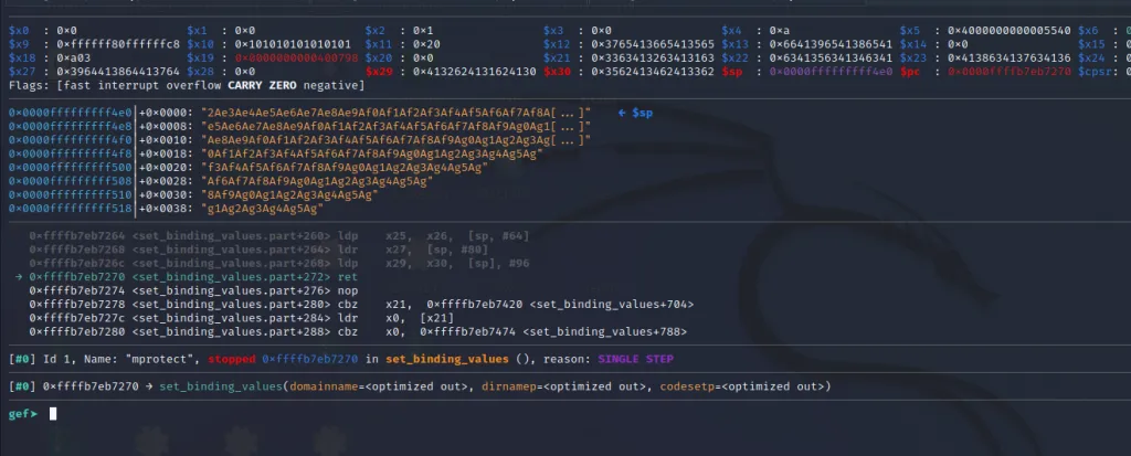 Registers filled with pattern values after gadget execution