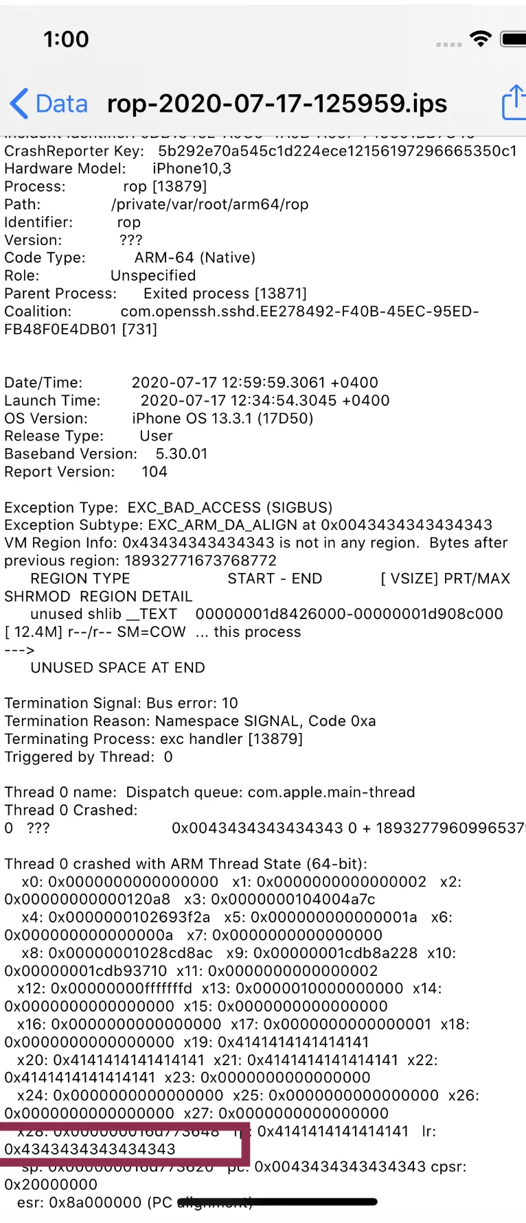 iOS crash log showing lr register overwritten with 4343434343434343