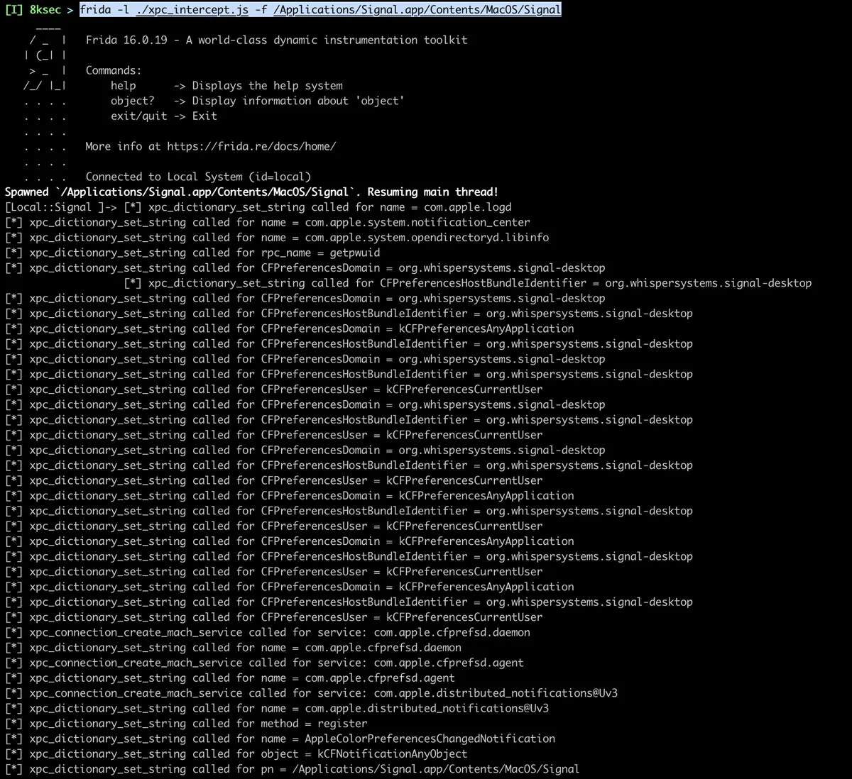 Frida script output showing xpc_connection_create_mach_service calls and XPC message descriptions in Signal macOS