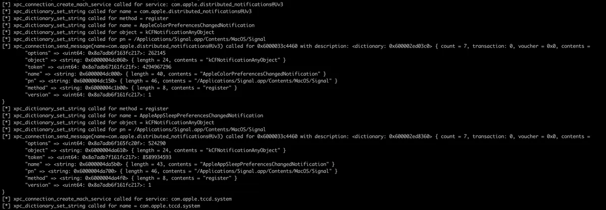 Frida script output showing xpc_dictionary_set_string key-value pairs from Signal macOS XPC messages