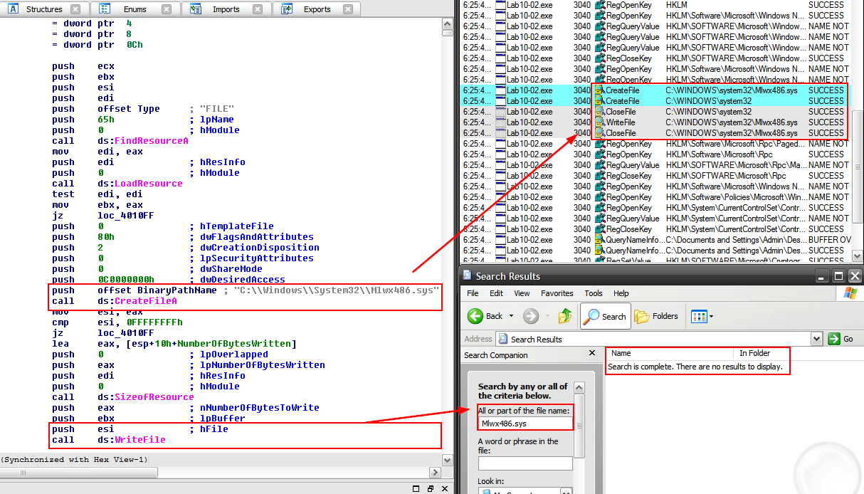 Process Monitor showing Mlwx486.sys file creation by rootkit that hides itself from the filesystem