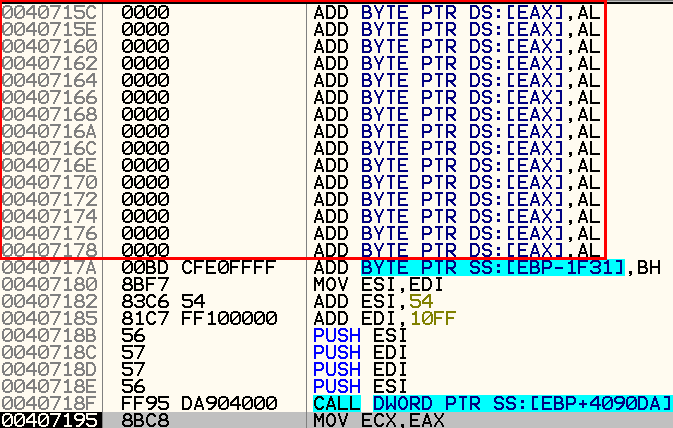 OllyDbg step-over section hop showing another call instruction near a sequence of null bytes