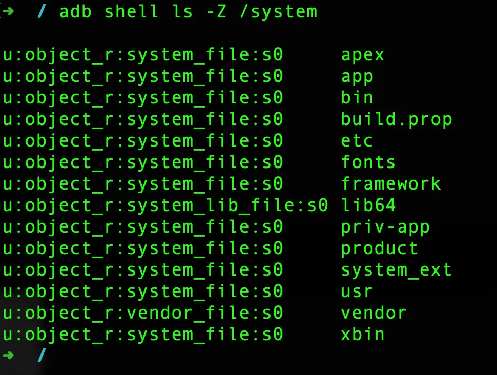 SELinux context labels output for /system directory on Android