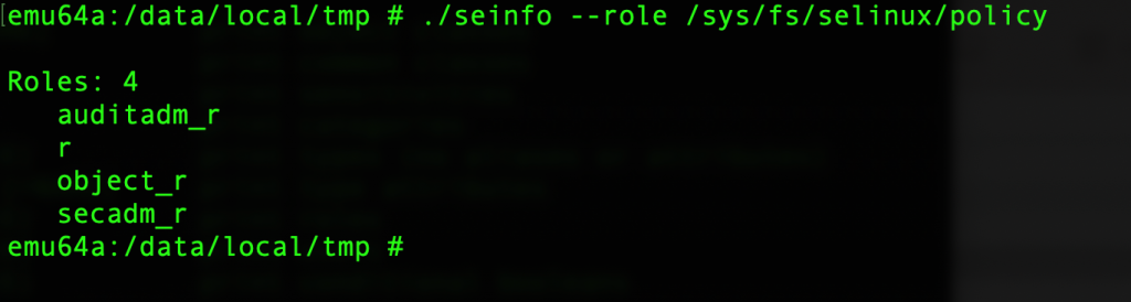 seinfo --role output showing 4 roles defined in the SELinux policy