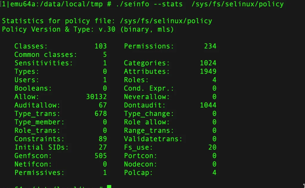 seinfo --stats output showing SELinux policy statistics including classes, types, and rules count
