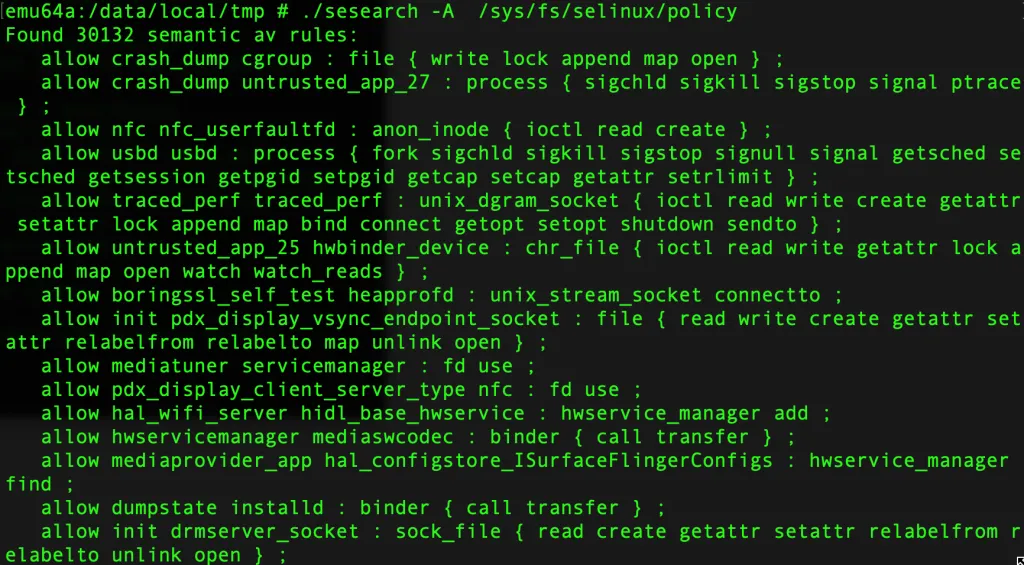 sesearch -A output listing all SELinux allow rules in the policy file