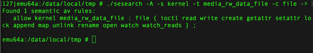sesearch output showing kernel process read access to media_rw_data_file type