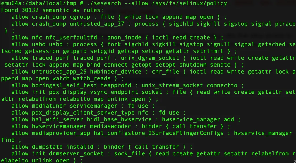 sesearch --allow output listing all SELinux allow rules for system resources