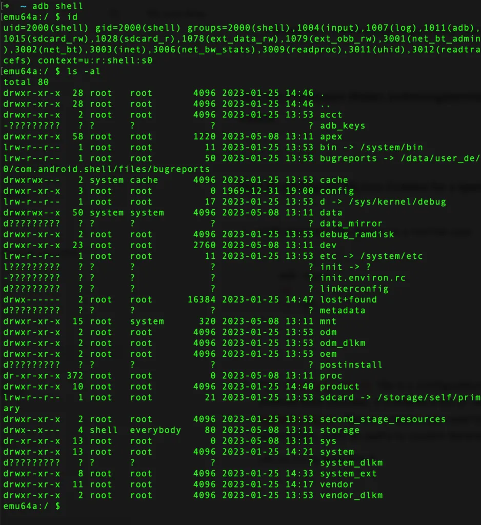 ADB shell showing limited user context with id and ls -al commands