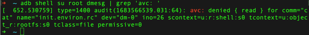 dmesg AVC denial log showing SELinux read permission denied for init.environ.rc