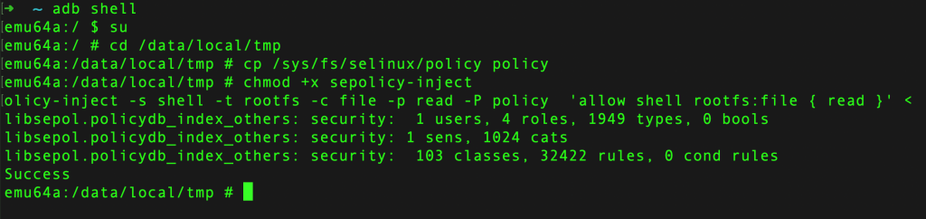 sepolicy-inject command output injecting allow rule for shell to read rootfs files