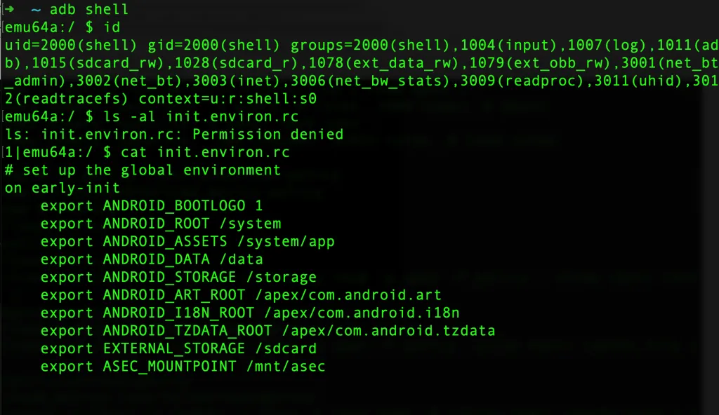 Shell user successfully reading init.environ.rc after SELinux policy bypass