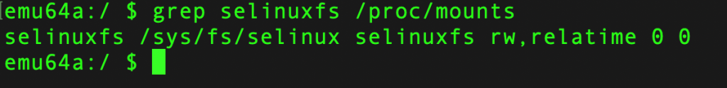 grep selinuxfs output showing SELinux filesystem mount location