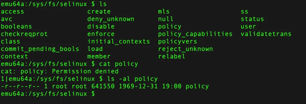 SELinux policy binary file at /sys/fs/selinux/policy showing root-only access