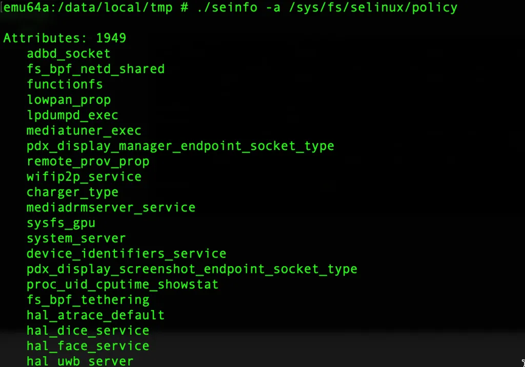 seinfo -a output listing available SELinux policy attributes