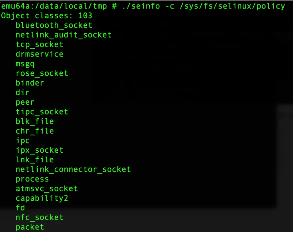seinfo -c output listing available SELinux object classes