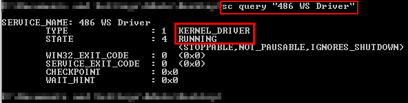 Windows sc query output confirming WS Driver 486 service is still running in kernel memory