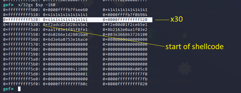 Stack dump showing shellcode location at different address