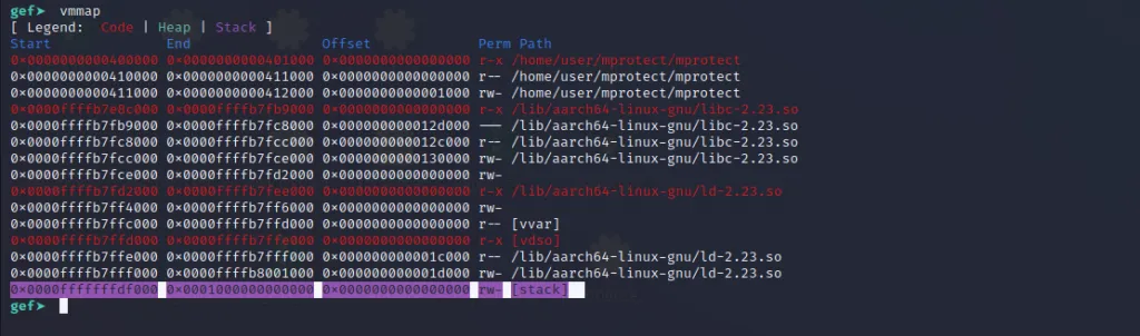 GDB vmmap showing stack starting address