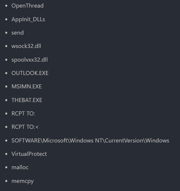 strings.exe output showing email client process names and registry key