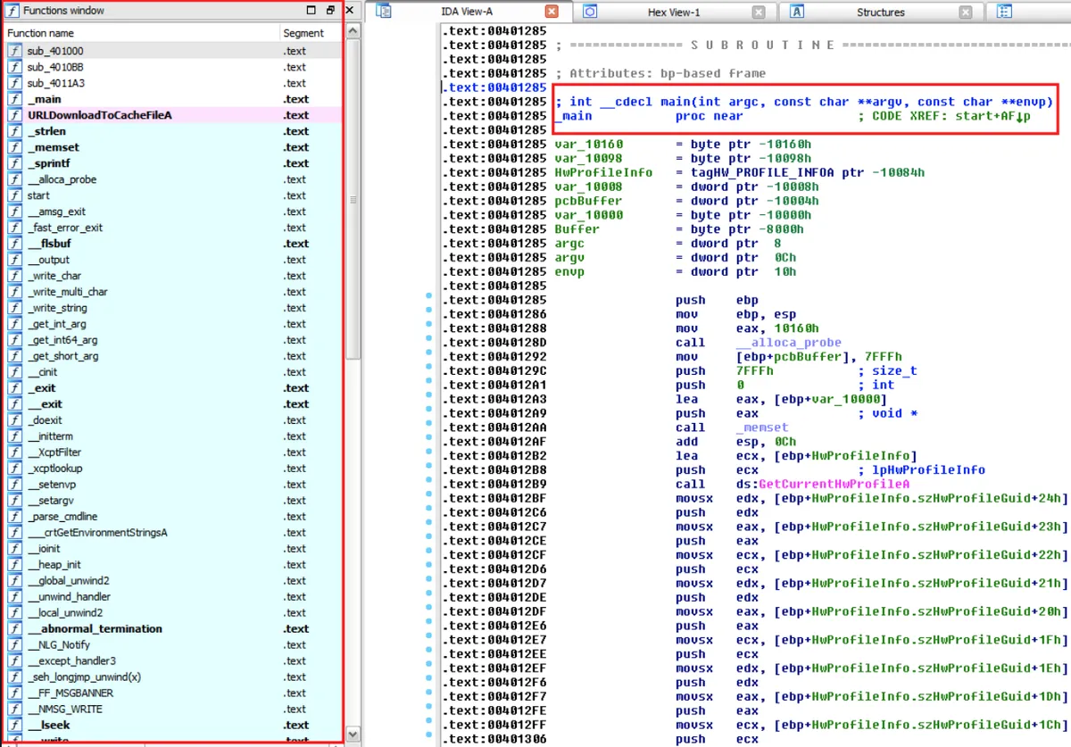 IDA Pro showing fully unpacked malware with resolved imports and correct main function parameters
