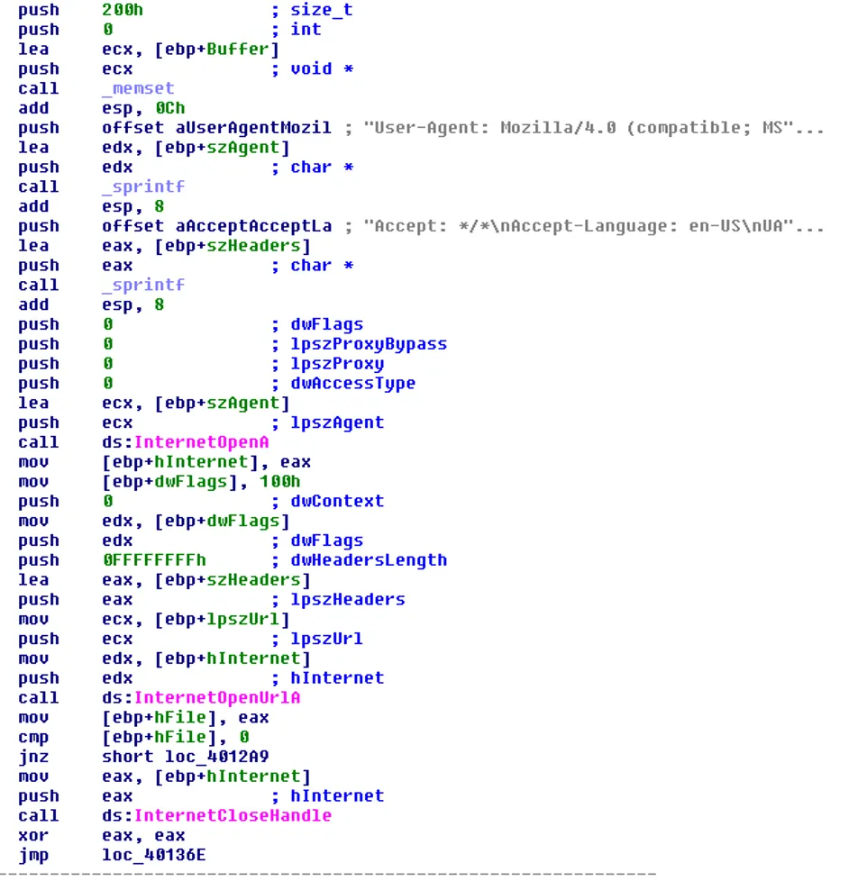Assembly code showing WinINet and COM object functions used for HTTP communication in malware