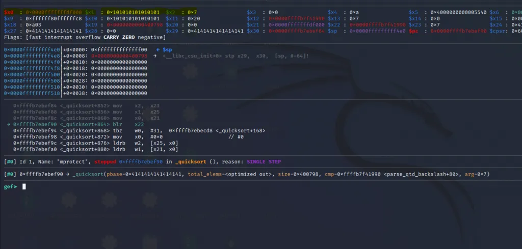 Registers x0 x1 x2 filled with mprotect arguments