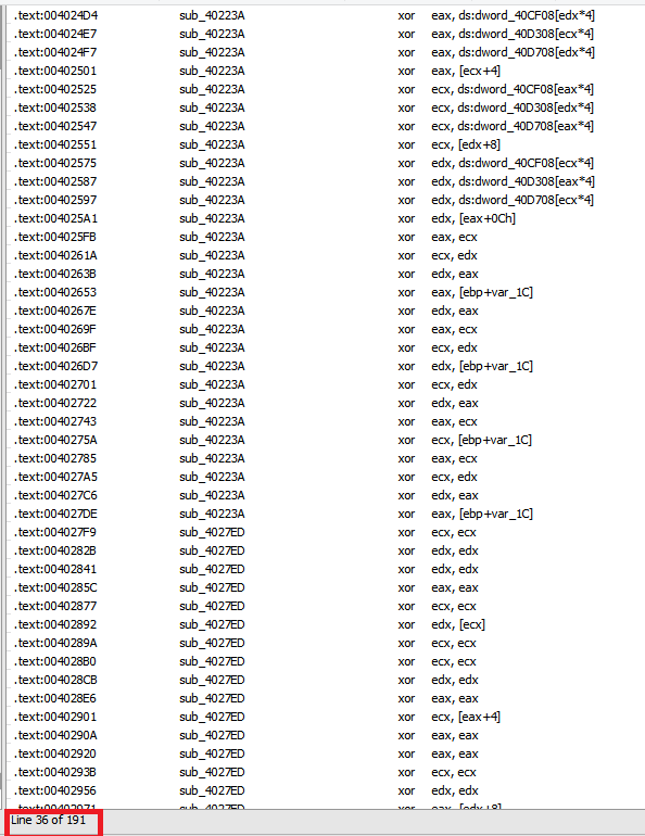 IDA Pro search results listing all XOR instructions in the malware assembly code